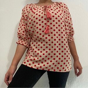Ellison Women’s M Creme Red Polka Dot Tassel Half Sleeve Top Flowy Blouse